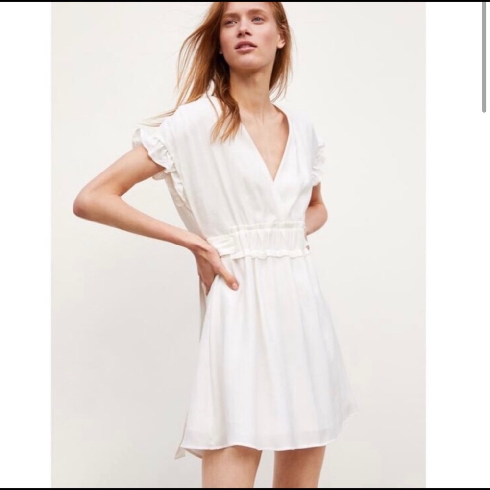 Zara V Neck Side Tie Ruffle Mini Dress White